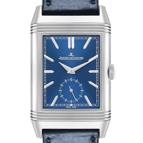 The Jaeger-LeCoultre Reverso watch is shown from a front angle, highlighting the blue dial and rectangular case.