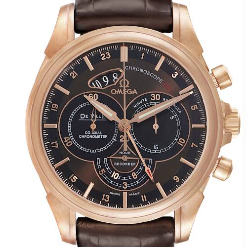 The image shows a frontal view of the Omega De Ville 422.53.44.52.13.001 Men's Rose Gold Brown Dial 422.53.44.52.13.001 Men's Rose Gold Brown Dial watch, highlighting its dial, hands, and chronograph features.
