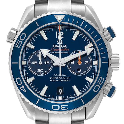 The Omega Planet Ocean 232.90.46.51.03.001 Men's Titanium Blue Dial watch is shown from a frontal angle, highlighting its dial, bezel, and crown.