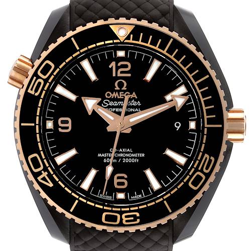 The Omega Planet Ocean 215.62.40.20.13.001 Men's Ceramic Brown Dial watch is shown from a frontal angle, displaying the dial, bezel, hands, and crown.