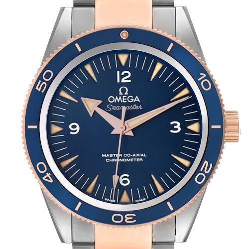 The Omega Seamaster 233.60.41.21.03.001 Men's Titanium Blue Dial watch is shown from a frontal angle, highlighting the dial, bezel, and part of the bracelet.