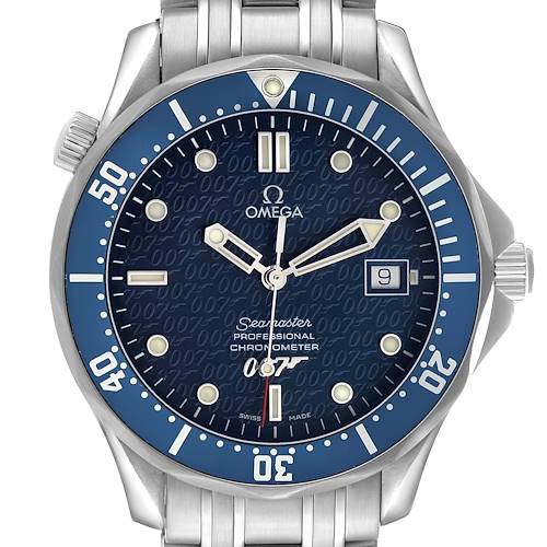 The Omega Seamaster 2537.80.00 Men's Stainless Steel Blue Dial watch is shown from a top-down angle, displaying the face, bezel, and part of the bracelet.