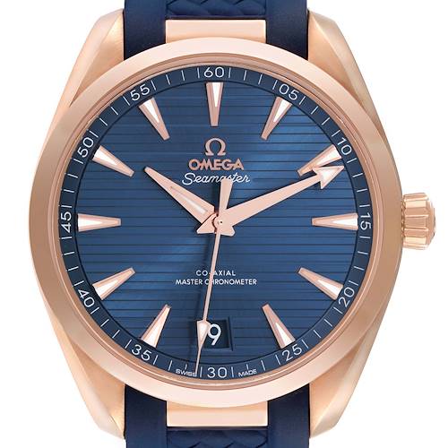 The Omega Aqua Terra 220.52.41.21.03.001 Men's Rose Gold Blue Dial watch is shown from a front angle, highlighting its blue dial, rose gold accents, and date window.