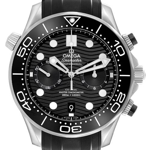 The image shows a front view of the Omega Seamaster 210.32.44.51.01.001 Men's Stainless Steel Black Dial 210.32.44.51.01.001 Men's Stainless Steel Black Dial, highlighting the dial, bezel, and chronograph buttons.