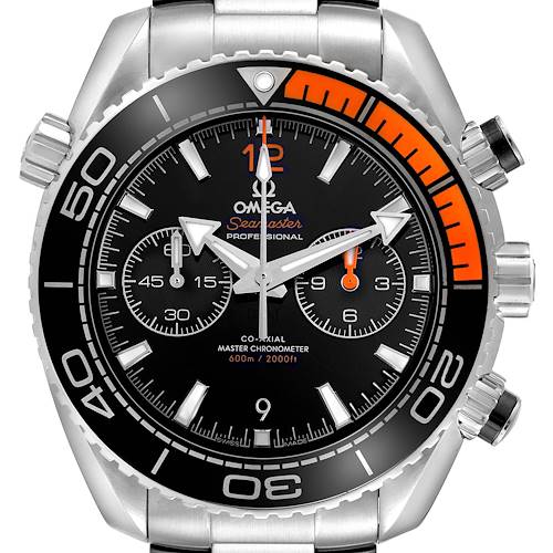 The Omega Planet Ocean 215.30.46.51.01.002 Men's Stainless Steel Black Dial 215.30.46.51.01.002 Men's Stainless Steel Black Dial watch is shown from a top view, highlighting the dial, bezel, and chronograph buttons.