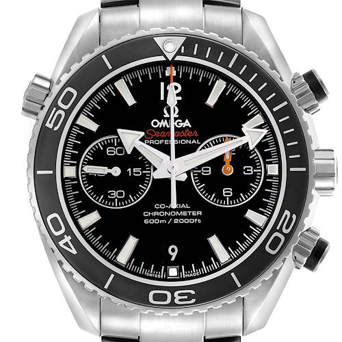 The Omega Planet Ocean 232.30.46.51.01.001 Men's Stainless Steel Black Dial 232.30.46.51.01.001 Men's Stainless Steel Black Dial watch is shown from the front, featuring its face, bezel, and crown.