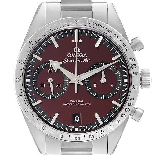This image shows the front view of the Omega Speedmaster 332.10.41.51.11.001 Men's Stainless Steel Red Dial 332.10.41.51.11.001 Men's Stainless Steel Red Dial watch, highlighting the dial and chronograph subdials.