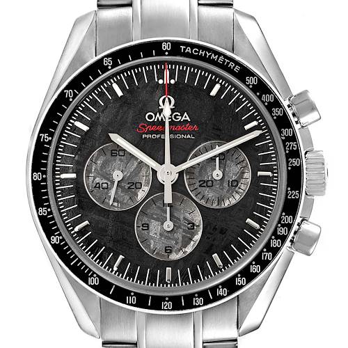 The Omega Speedmaster 311.30.42.30.99.001 Men's Stainless Steel Black Dial watch is shown from the front, highlighting the dial, subdials, and tachymeter bezel.