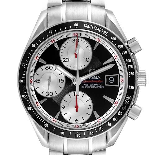 The Omega Speedmaster 3210.51.00 Men's Stainless Steel Black Dial watch is shown from the front, displaying the dial, subdials, tachymeter, and crown.
