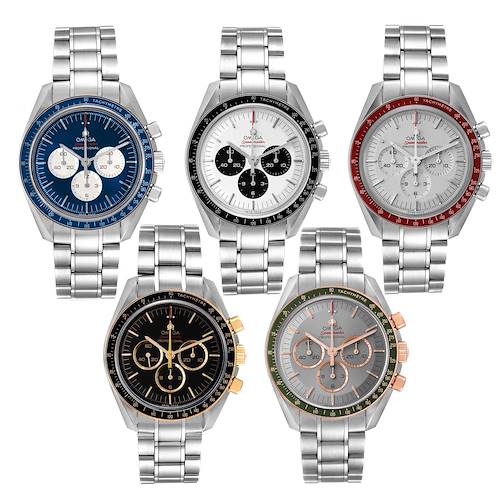 The image showcases five Omega Speedmaster 522.20.42.30.01.001 Men's Stainless Steel Black Dial 522.20.42.30.01.001 Men's Stainless Steel Black Dial watches front and center, each with distinct bezel colors and metal bracelets.