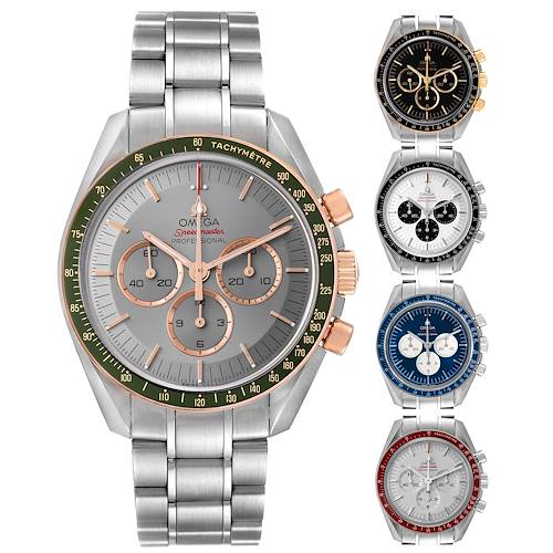 The Omega Speedmaster 522.20.42.30.06.001 Men's Stainless Steel Black Dial watch is shown from a frontal angle, highlighting the dial, bezel, and bracelet details.