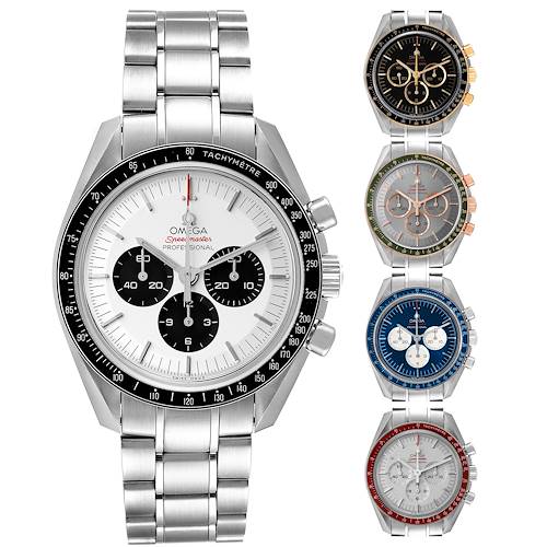 The image shows a frontal view of several Omega Speedmaster 522.30.42.30.04.001 Men's Stainless Steel Black Dial watches, highlighting the dial details and bracelet.