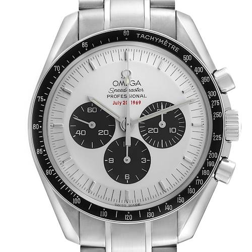 The Omega Speedmaster 3569.31.00 Men's Stainless Steel Silver Dial is shown from a front angle, highlighting its dial, bezel, and stainless steel bracelet.