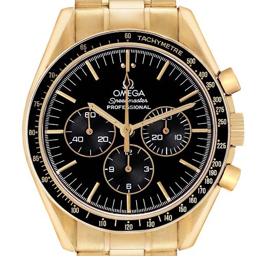 The Omega Speedmaster 3191.50.00 Men's Yellow Gold Black Dial is shown from the front, displaying the dial, tachymetric scale, and pushers clearly.