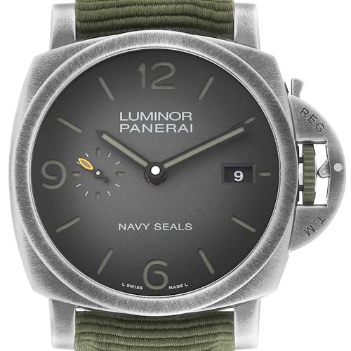 The image shows a front view of a Panerai Luminor PAM01412 Men's Stainless Steel Grey Dial PAM01412 Men's Stainless Steel Grey Dial watch, displaying its face, crown guard, and part of the strap.