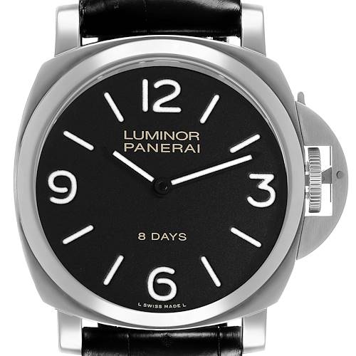 The Panerai Luminor PAM00560 Men's Stainless Steel Black Dial watch is shown from the front, displaying the face, numerals, crown, and part of the strap.