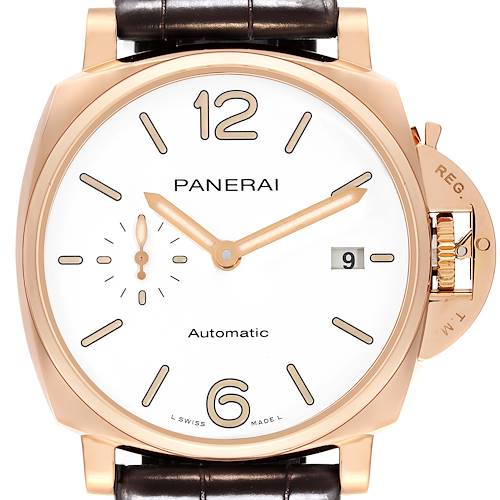 The Panerai Luminor PAM01042 Men's Rose Gold White Dial PAM01042 Men's Rose Gold White Dial watch is shown from the front, highlighting the dial, hands, date window, and crown guard.