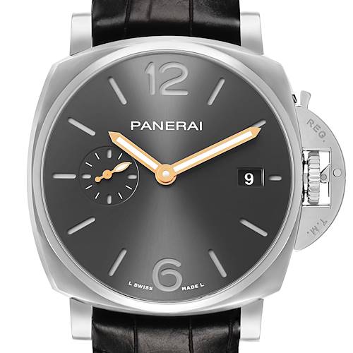 The Panerai Luminor PAM01250 Men's Stainless Steel Grey Dial watch is shown from a frontal angle, highlighting the dial, hands, date, and crown guard.