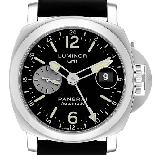 The Panerai Luminor PAM00088 Men's Stainless Steel Black Dial PAM00088 Men's Stainless Steel Black Dial watch is shown from a front angle, highlighting its face, crown guard, and strap attachment.