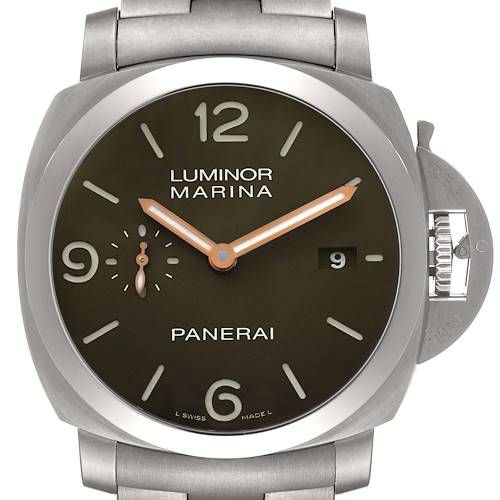 The Panerai Luminor PAM00352 Men's Titanium Brown Dial watch is shown from a front angle, displaying its dial, hands, and crown guard.