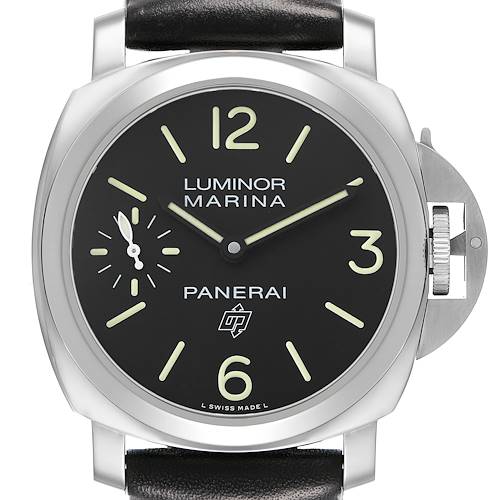 The Panerai Luminor PAM00776 Men's Stainless Steel Black Dial watch is shown from a front angle, displaying its dial, case, and crown guard prominently.