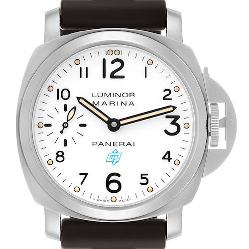 The Panerai Luminor PAM00660 Men's Stainless Steel White Dial watch is shown from a front angle, displaying its face, dial, case, and crown guard.