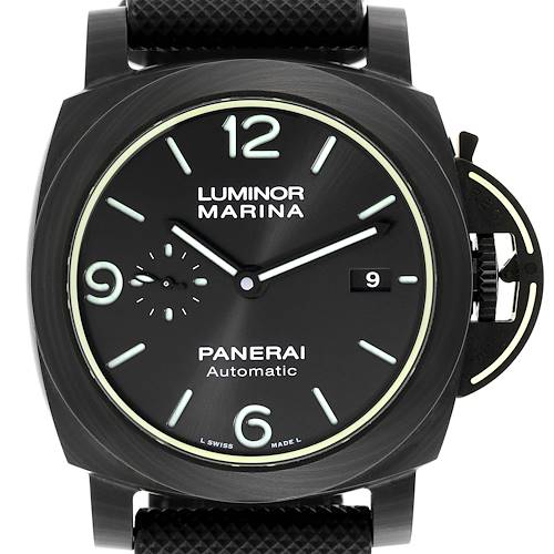 The image shows a front view of the Panerai Luminor PAM01118 Men's Ceramic Black Dial PAM01118 Men's Ceramic Black Dial Marina watch, highlighting the dial, numerals, and crown.