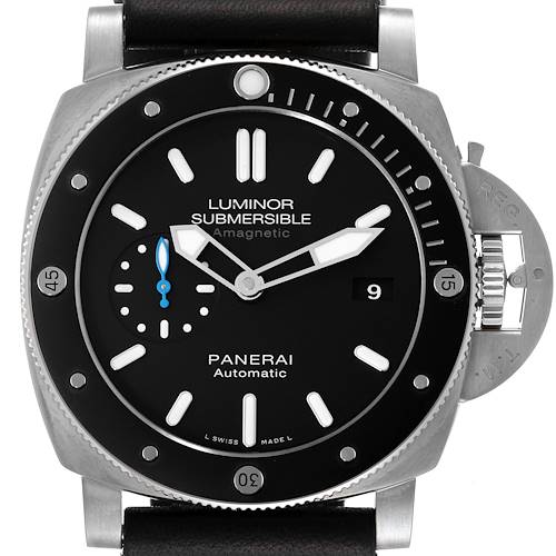 This image shows a frontal view of the Panerai Luminor Submersible watch, highlighting its bezel, dial, and crown guard.