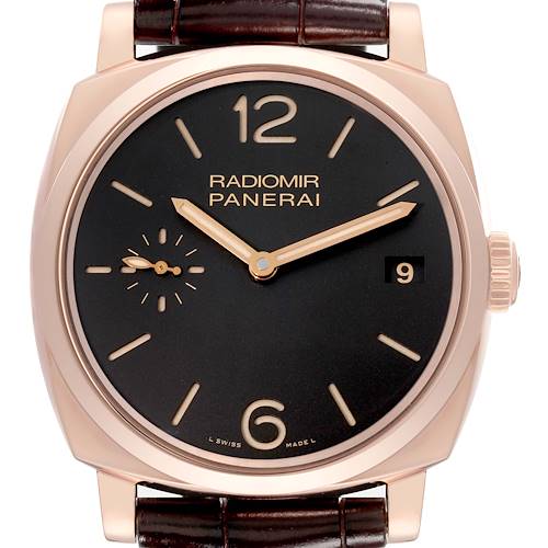 This image shows a frontal view of a Panerai Radiomir PAM00515 Men's Rose Gold Black Dial PAM00515 Men's Rose Gold Black Dial watch, displaying its dial and brown leather strap.