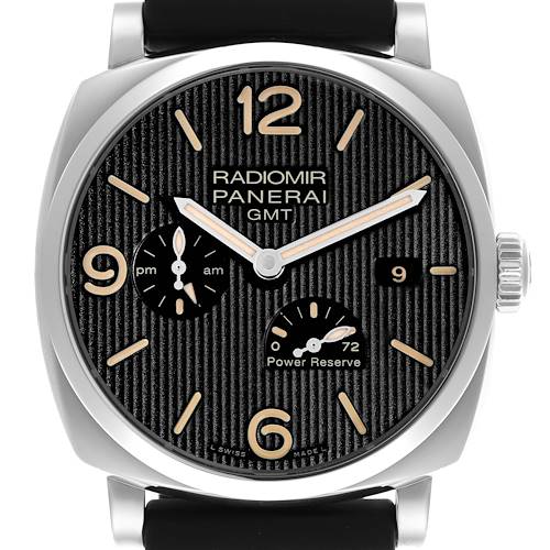 The image shows a front view of a Panerai Radiomir PAM00658 Men's Stainless Steel Black Dial PAM00658 Men's Stainless Steel Black Dial watch, highlighting the dial, hands, subdials, and crown.