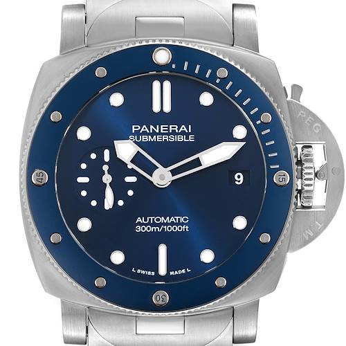 The image shows a front view of a Panerai Submersible PAM01068 Men's Stainless Steel Blue Dial PAM01068 Men's Stainless Steel Blue Dial watch, highlighting the dial, bezel, and crown protector.