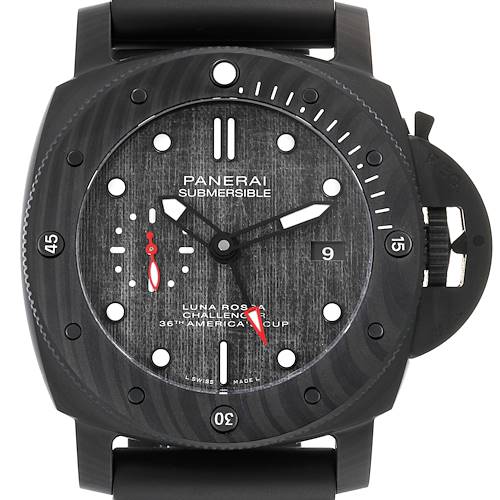 This image shows a front view of the Panerai Submersible PAM01039 Men's Ceramic Black Dial PAM01039 Men's Ceramic Black Dial watch, highlighting the dial, hands, and bezel.