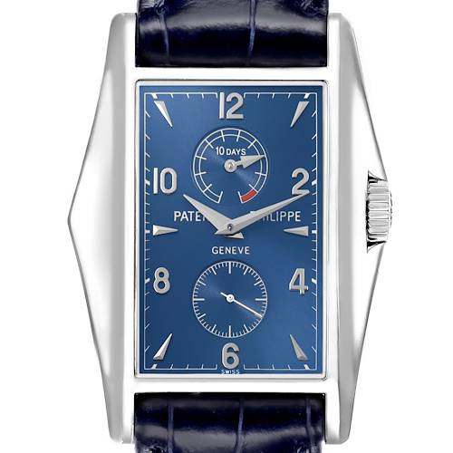 The Patek Philippe Gondolo 5100G - 001 Men's White Gold Blue Dial watch is shown from the front, highlighting its blue dial, hour markers, and crown.