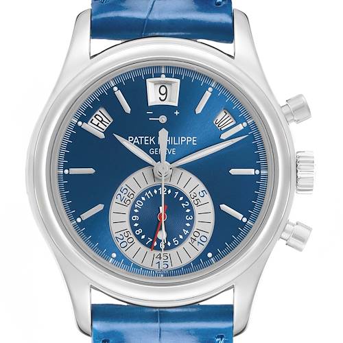 The Patek Philippe Complications 5960P-015 Men's Platinum Blue Dial watch is shown from the front, displaying its blue dial, subdials, and side buttons.