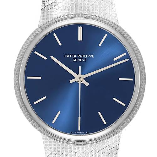 The image shows a front view of a Patek Philippe Vintage 3569 Men's White Gold Blue Dial watch, highlighting the blue dial and silver markers.