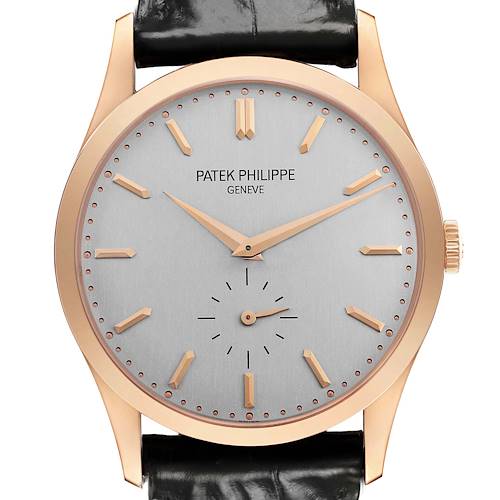 The Patek Philippe Calatrava 5196R Men's Rose Gold Grey Dial watch is shown from a front angle, displaying its face, hands, crown, and leather strap.
