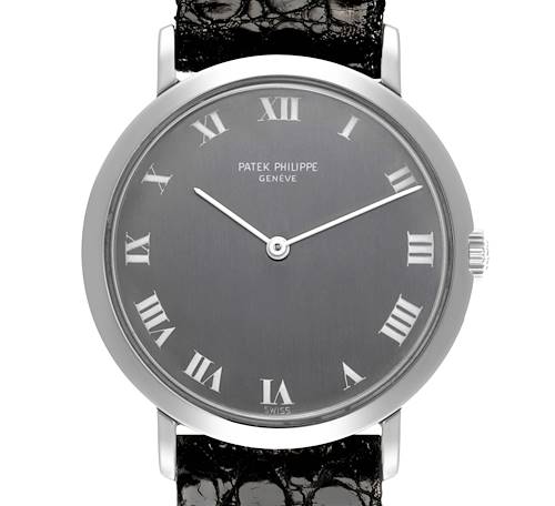 The Patek Philippe Calatrava 3509A Men's Stainless Steel Grey Dial 3509A Men's Stainless Steel Grey Dial watch is shown from a front view, highlighting the dial, case, and partial leather strap.