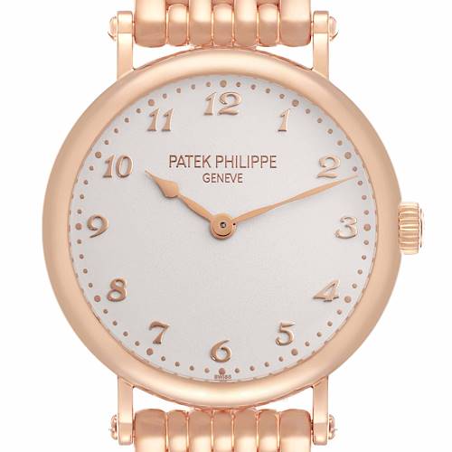 The Patek Philippe Calatrava 7200/1R-001 Men's Rose Gold Silver Dial 7200/1R-001 Men's Rose Gold Silver Dial watch is shown from a front angle, highlighting the face, hands, numbers, bezel, and part of the bracelet.