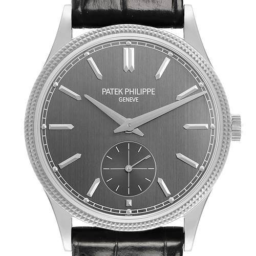 The image shows a frontal view of the Patek Philippe Calatrava 6119G-001 Men's White Gold Grey Dial watch, highlighting the dial, hands, and crown.