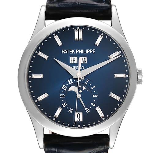 The Patek Philippe Complications 5396G-017 Men's White Gold Blue Dial watch is shown from a front angle featuring the dial, hands, and moon phase indicator.