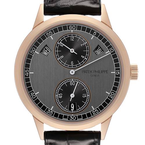 The Patek Philippe Complications 5235/50R-001 Men's Rose Gold Grey Dial model is shown from the front, highlighting the dial, subdials, and leather strap.