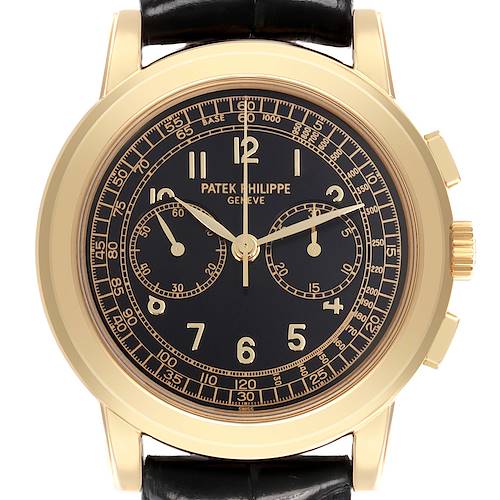 The Patek Philippe Complications 5070J-001 Men's Yellow Gold Black Dial watch is shown from a front angle, displaying its dial, hands, and bezel.