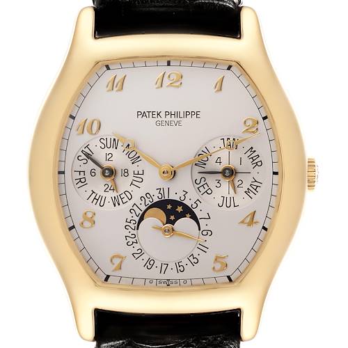 The image shows a frontal view of the Patek Philippe Complications 5040J Men's Yellow Gold Silver Dial 5040J Men's Yellow Gold Silver Dial watch, highlighting its dial with multiple subdials and a moon phase.