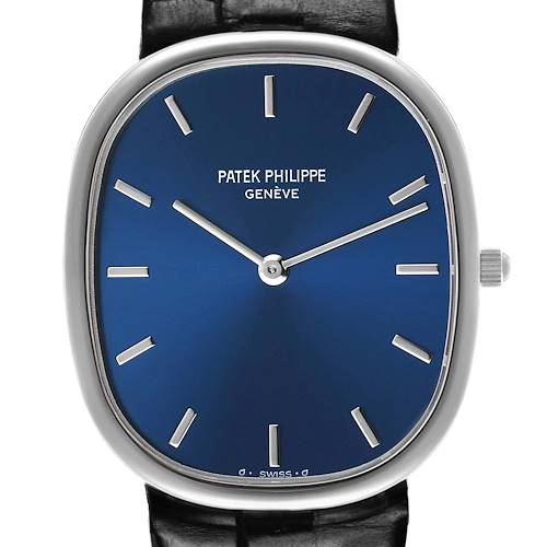 The image shows a front view of the Patek Philippe Golden Ellipse 3738 Men's White Gold Blue Dial watch, displaying the dial, markers, hands, and crown.