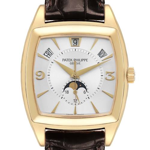The Patek Philippe Gondolo 5135J Men's Yellow Gold White Dial watch is shown from the front, displaying the dial, hands, date windows, and moon phase.