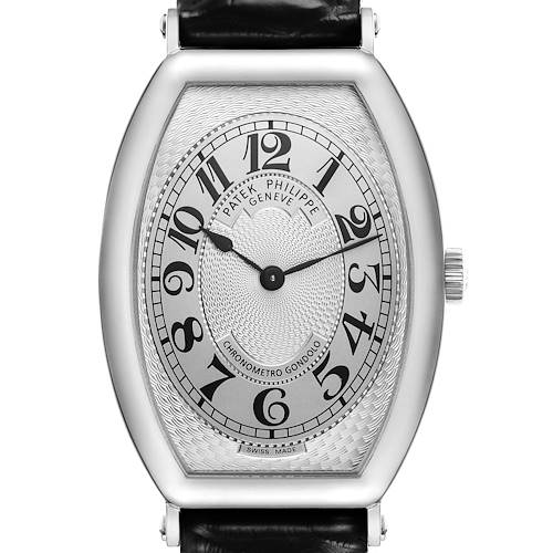The Patek Philippe Gondolo 5098P Men's Platinum Silver Dial watch is shown from a direct front angle, highlighting its dial, numerals, and leather strap.