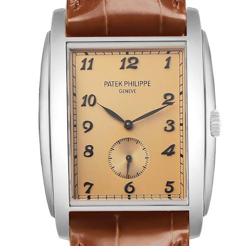 The Patek Philippe Gondolo 5124G Men's White Gold Brown Dial watch is shown from the front, highlighting its dial, numerals, and brown leather strap.