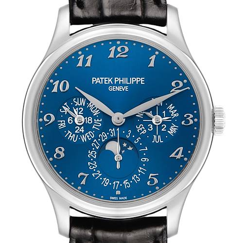 The Patek Philippe Complications 5327G Men's White Gold Blue Dial is shown from a frontal angle, displaying its blue dial with calendar and moon phase features.