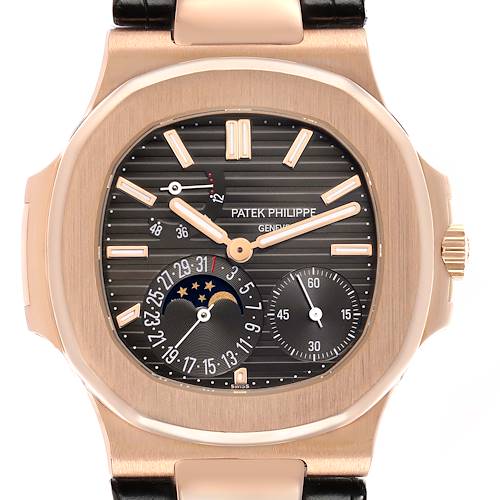 The Patek Philippe Nautilus 5712R-001 Men's Rose Gold Brown Dial watch is shown from the front, displaying its dial, hands, and subdials.