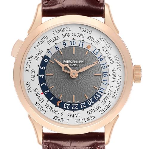 The Patek Philippe Complications 5230R-001 Men's Rose Gold Grey Dial watch is shown face-on, highlighting the dial, world time cities, and leather strap.